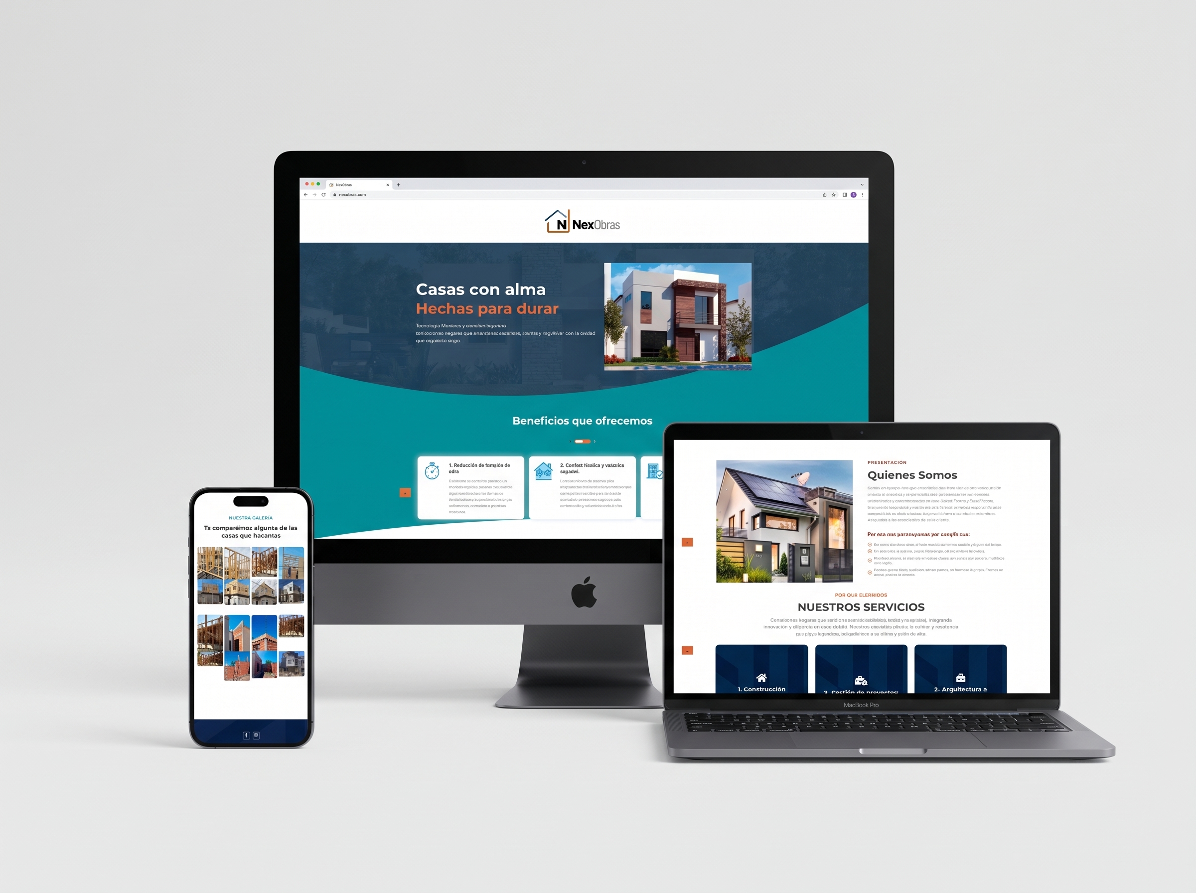 Landing page de NexObras, secciones Home y Quienes Somos, en computadora, laptop y celular