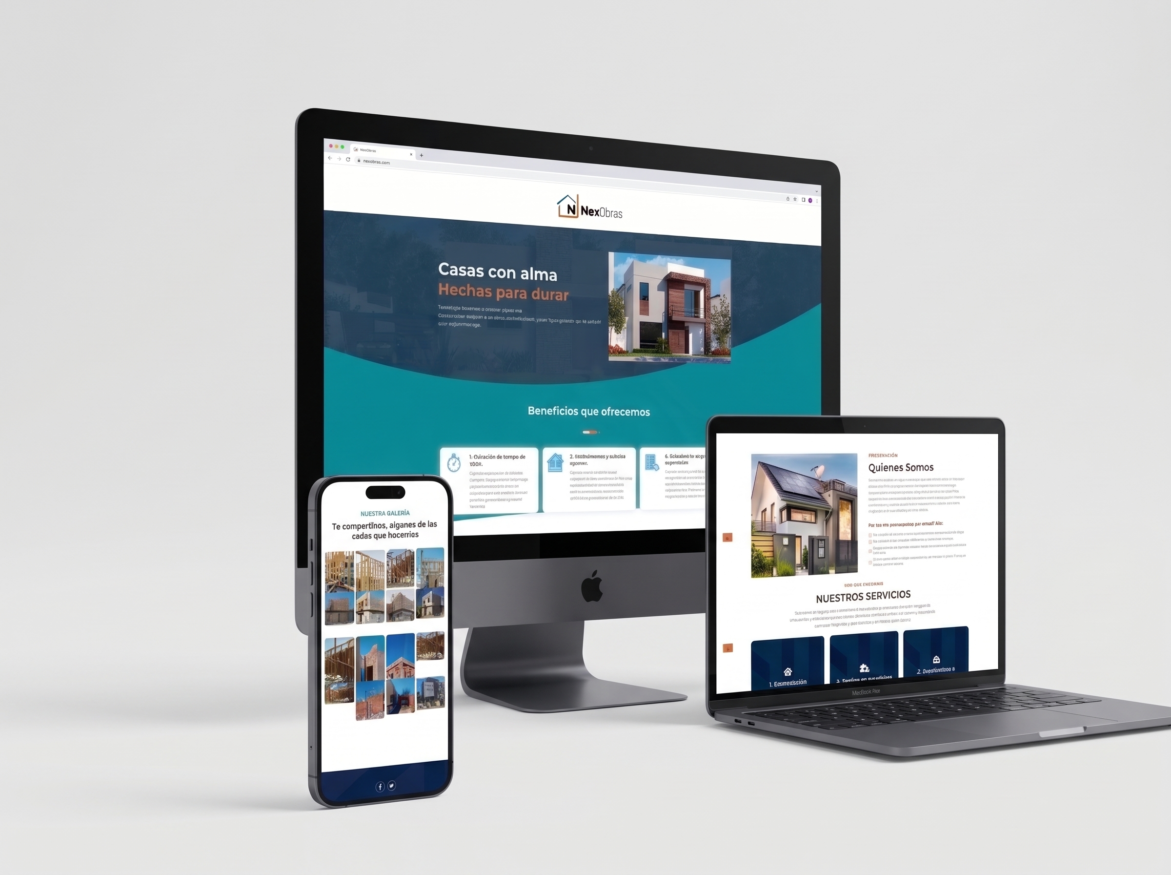 Landing page de NexObras, sección Servicios y galería de obras, en computadora, laptop y celular