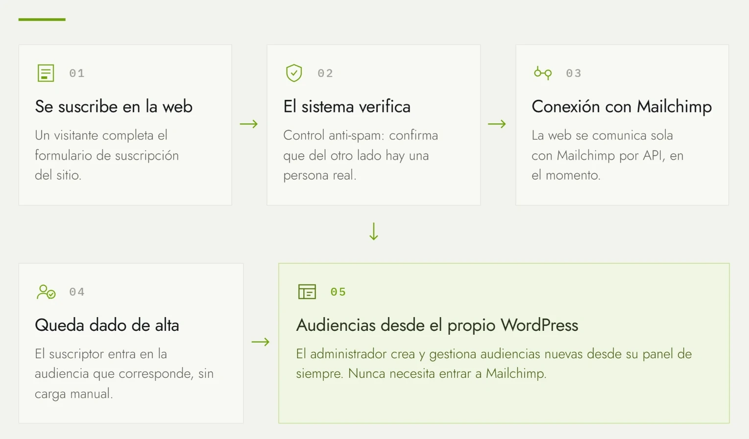 Flujo de alta automática de suscriptores: formulario en la web, validación anti-spam, conexión con Mailchimp por API, alta en la audiencia y gestión de audiencias desde el propio WordPress