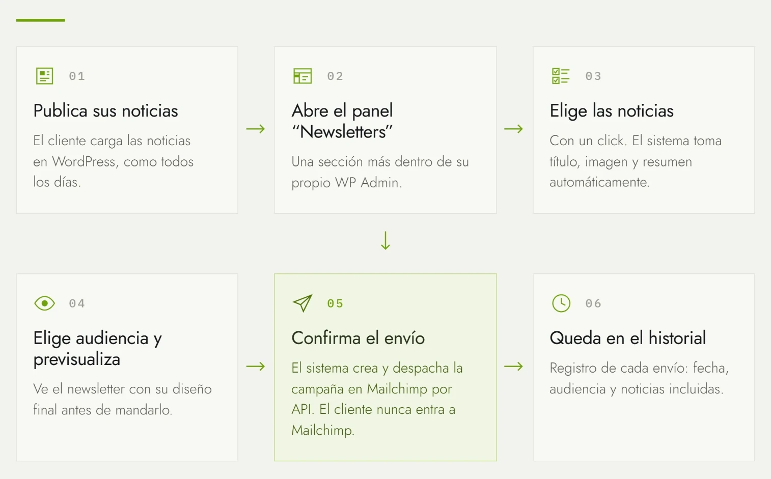 Flujo de armado y envío del newsletter: publicación de noticias, panel de Newsletters en WordPress, selección de noticias, elección de audiencia, previsualización, confirmación del envío y registro en el historial