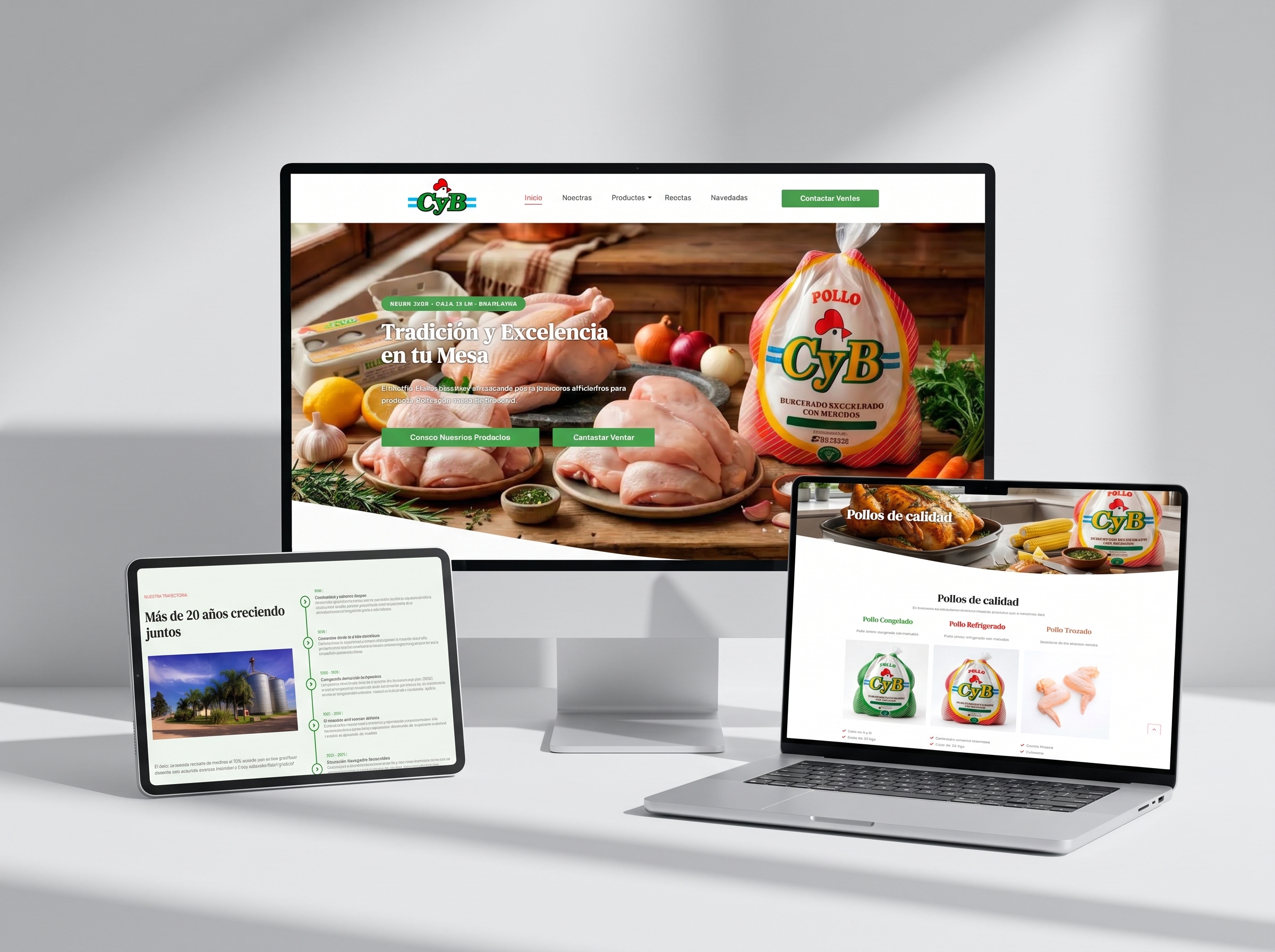 Sitio web de CyB: home con hero de productos, seccion Nuestra trayectoria y linea de pollos, en monitor, tablet y laptop