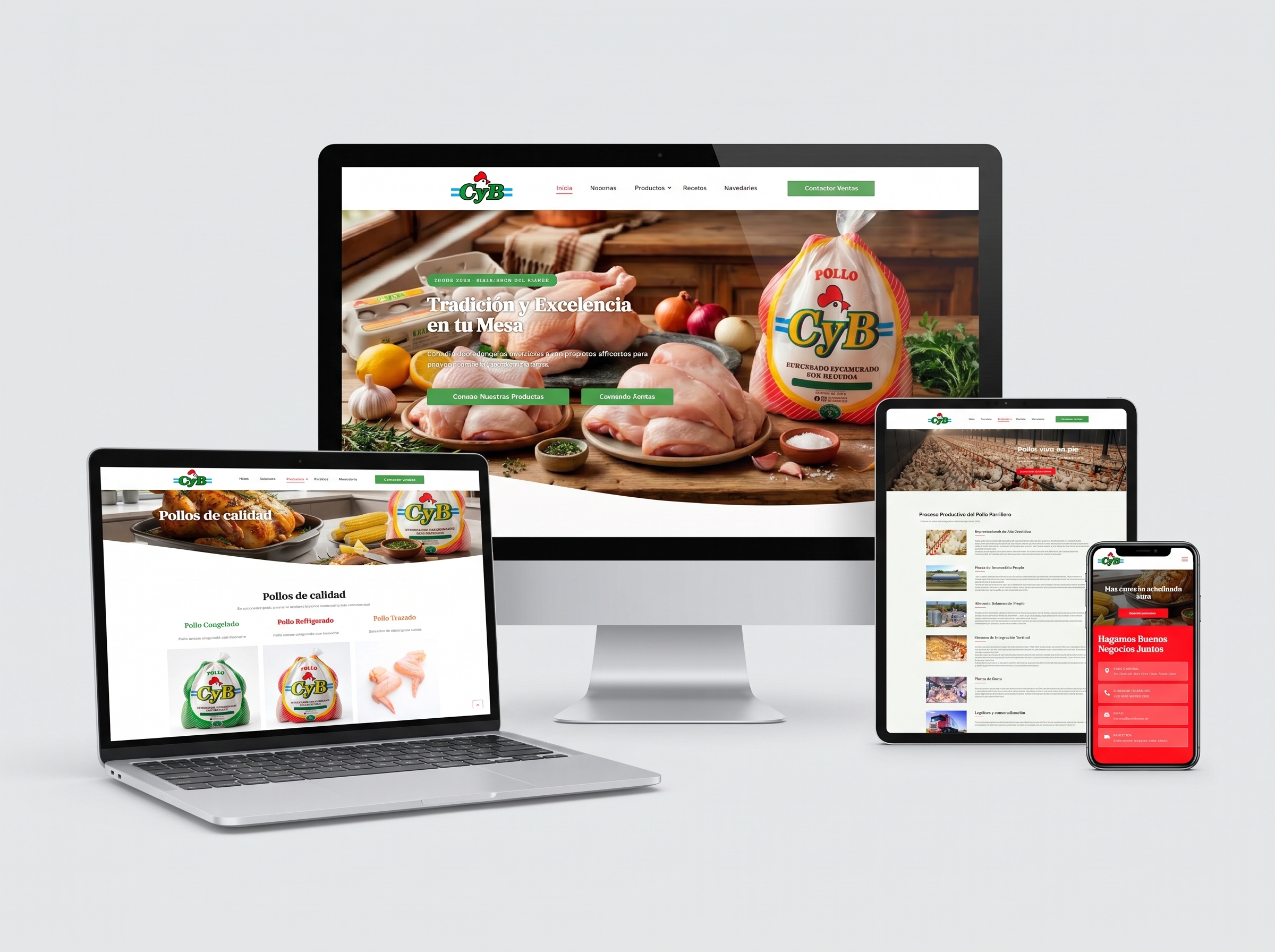 Sitio web de CyB: home, pagina de productos, proceso productivo y pagina de contacto en celular, en monitor, laptop, tablet y celular