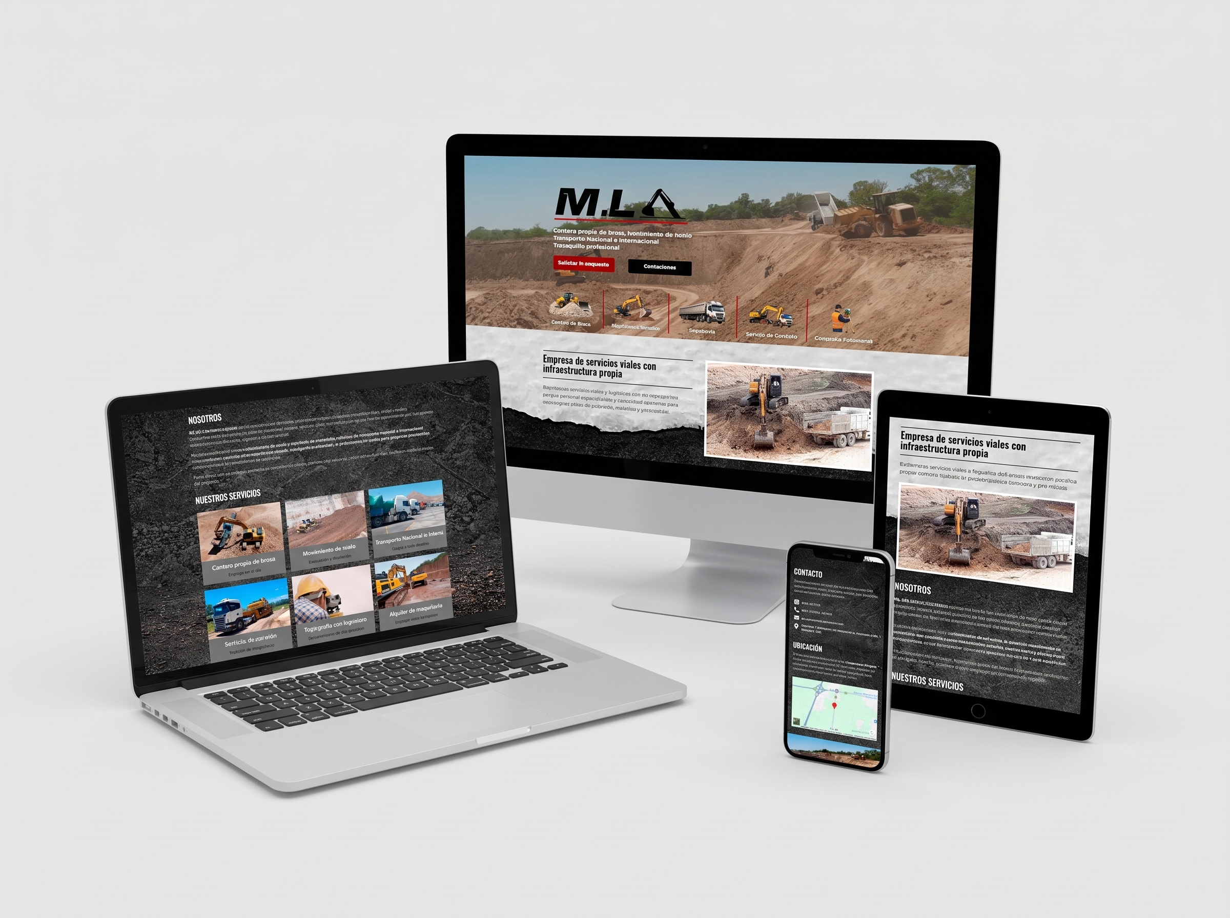 Landing page de ML SRL Servicios Viales: home con los servicios, seccion Nosotros, grilla de servicios con fotos de obra y pagina de contacto en celular, en monitor, laptop, tablet y celular