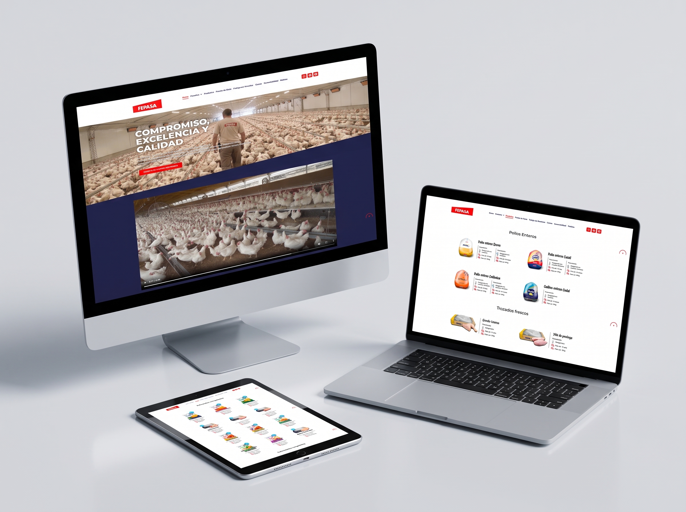 Sitio institucional de FEPASA: home con video de granja y catalogo de productos, en monitor, laptop y tablet