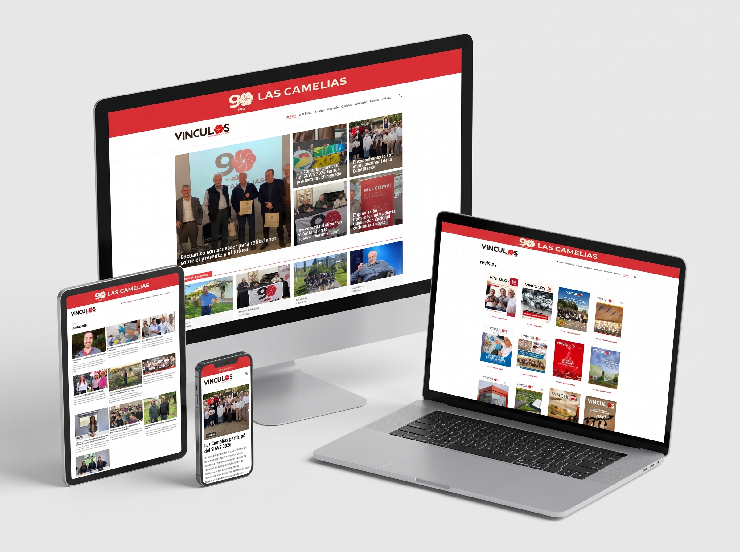 Portal de noticias de Revista Vinculos: home con la nota central, seccion Destacadas y grilla de ediciones de la revista, en monitor, tablet y laptop