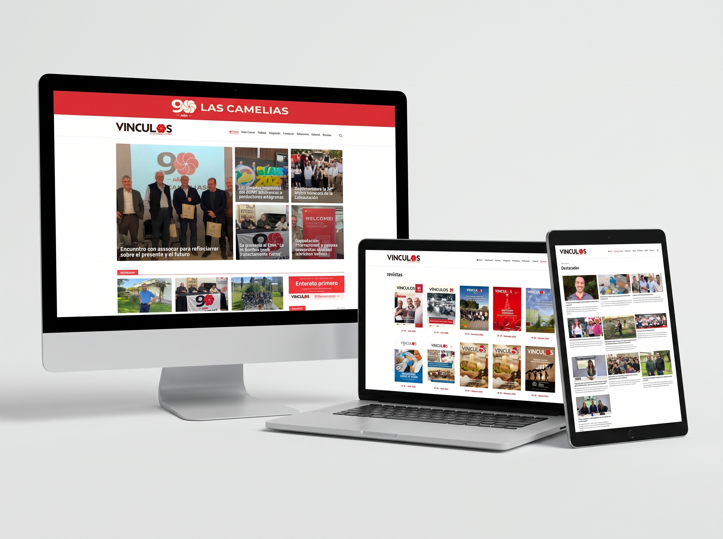 Portal de noticias de Revista Vinculos: home con noticias destacadas y archivo de revistas, en monitor, laptop y tablet