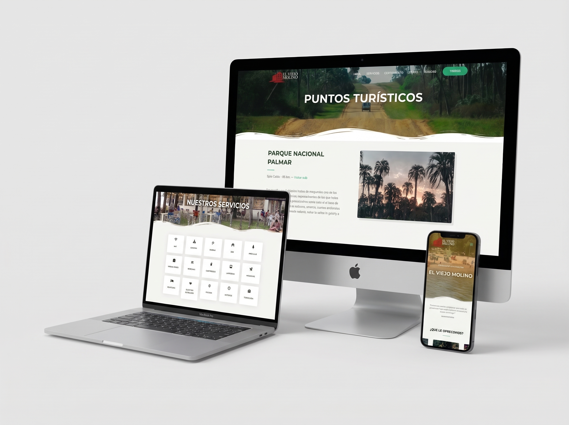 Sitio web de El Viejo Molino: seccion Puntos turisticos y grilla de servicios del predio, en computadora, laptop y celular